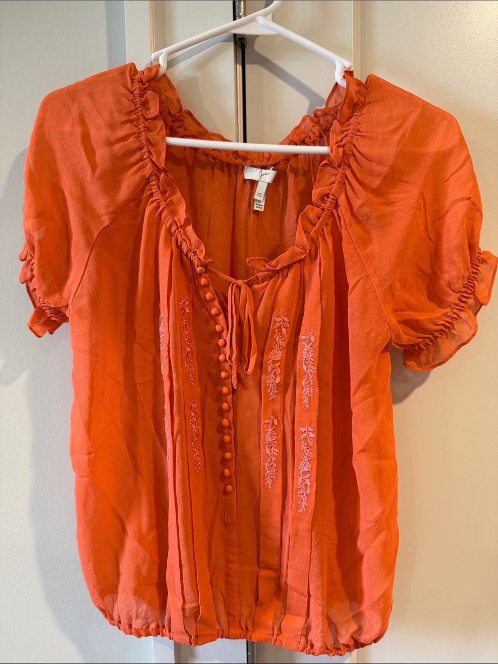 Joie Orange Embroidered Peasant Blouse